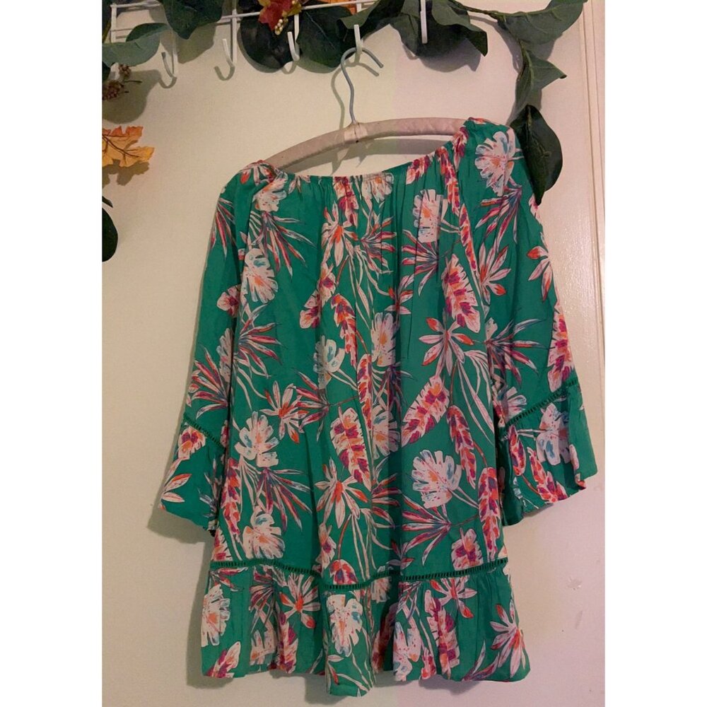 FEVER Boho Floral Peasant Blouse On/Off Shoulder 3/4 Bell Sleeve X Large